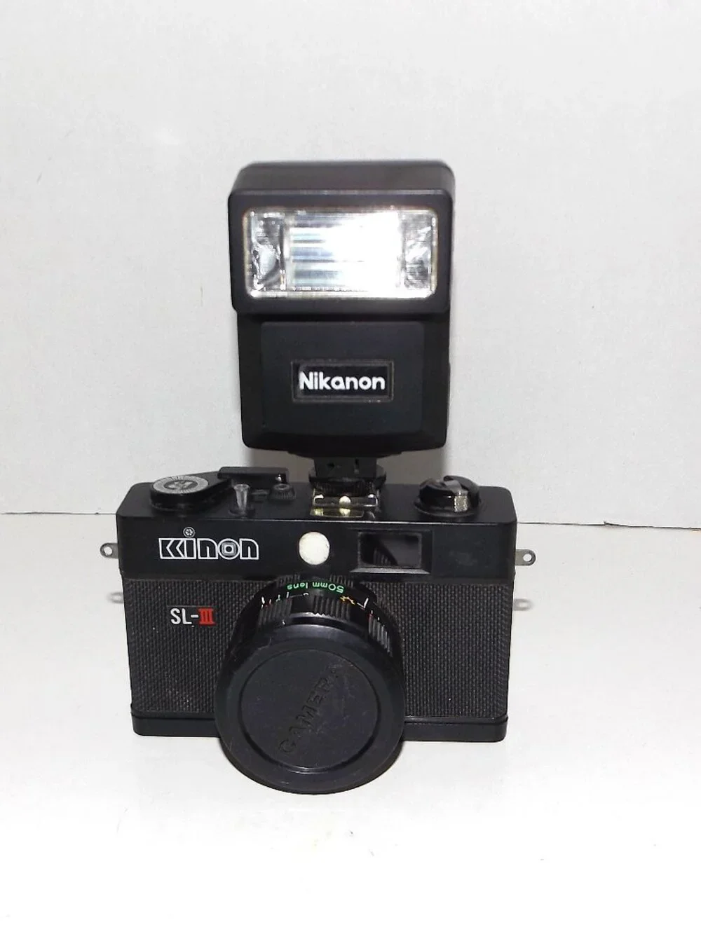 1980s Kinon SL-III 35mm Film Camera & Nikanon Hot Shoe Flash Not Tested